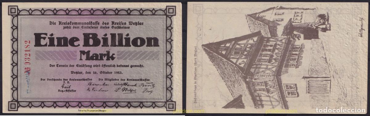 Billetes extranjeros: 3702 ALEMANIA 1923 ALEMANIA WETZLAR CIRCLE 1 BILLION MARK 1923