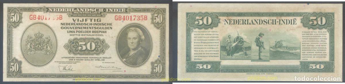 Banconote internazionali: 4800 INDIA HOLANDESA 1943 NEDERLAND INDIE 50 GULDEN 1943