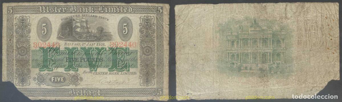 Billetes extranjeros: 5283 IRLANDA 1936 NORTHERN IRELAND 5 POUNDS 1936 BELFAST