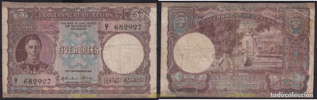 Internationale Banknoten: 6416 CEILAN 1941 CEYLAN 5 RUPEES 1941