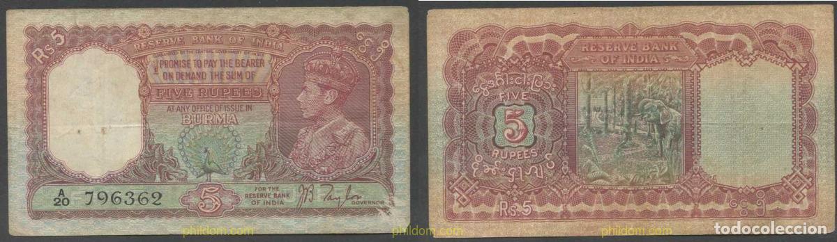 Billetes extranjeros: 7103 BIRMANIA 1938 BURMA BRITISH INDIA 5 RUPEES 1938