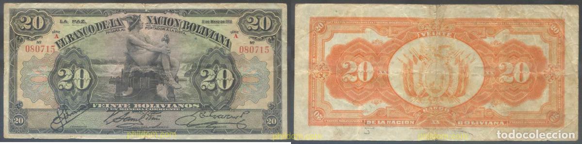 Billetes extranjeros: 7156 BOLIVIA 1911 BOLIVIA 20 BOLIVIANOS 1911 RED SERIAL