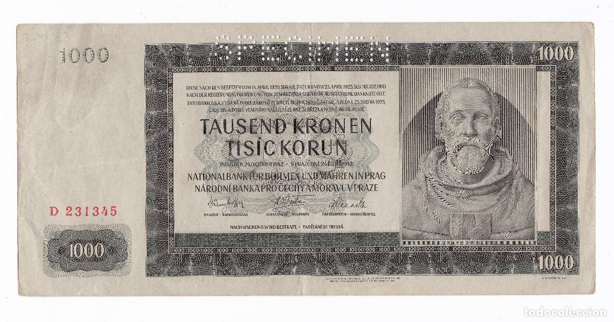 Billetes extranjeros: Checoslovaquia. Protectorado Bohemia y Moravia. 1000 Korun. A&ntilde;o 1942. Pick 15. SPECIMEN. MBC+ VF+