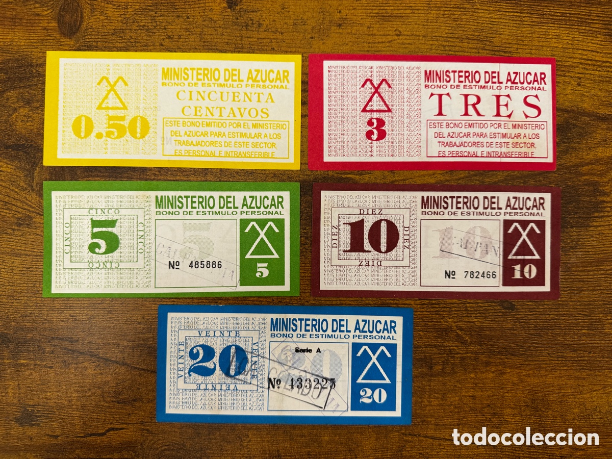 International Banknotes: Lote de 5 bonos Ministerio del Azucar Cuba. Muy buena condici&oacute;n. Los 6 valores, juego completo