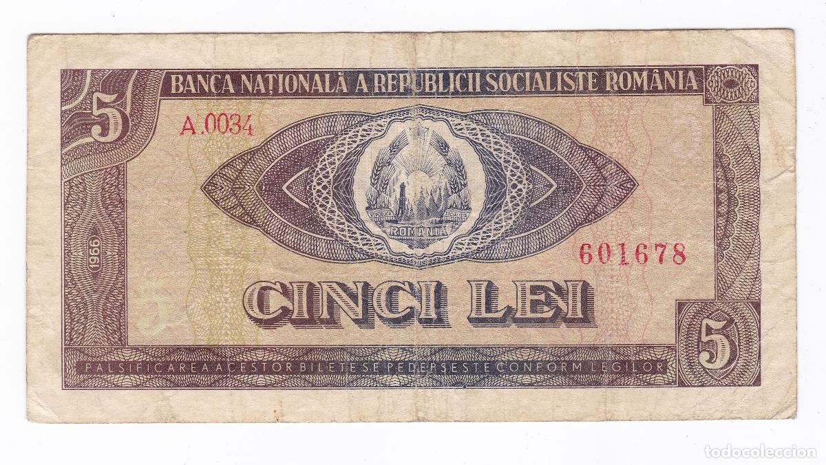 Billetes extranjeros: Rumania. Billete de 5 Lei. A&ntilde;o 1966. Pick 93. N#205768. Serie A. MBC- VF-