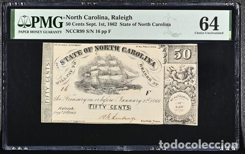 Billetes extranjeros: ESTADOS UNIDOS-NORTH CAROLINA * BILLETE 50 CENTS 1862 * PMG-64 TOP POP (IC-1957)