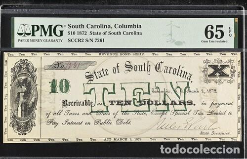 Billetes extranjeros: ESTADOS UNIDOS-SOUTH CAROLINA * BILLETE 10 DOLLARS 1872 * PMG-65 EPQ (IC-1963)