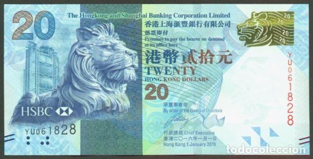 Billetes extranjeros: HONG KONG. HSBC. 20 $ 2016. S/C. Pick 212e.