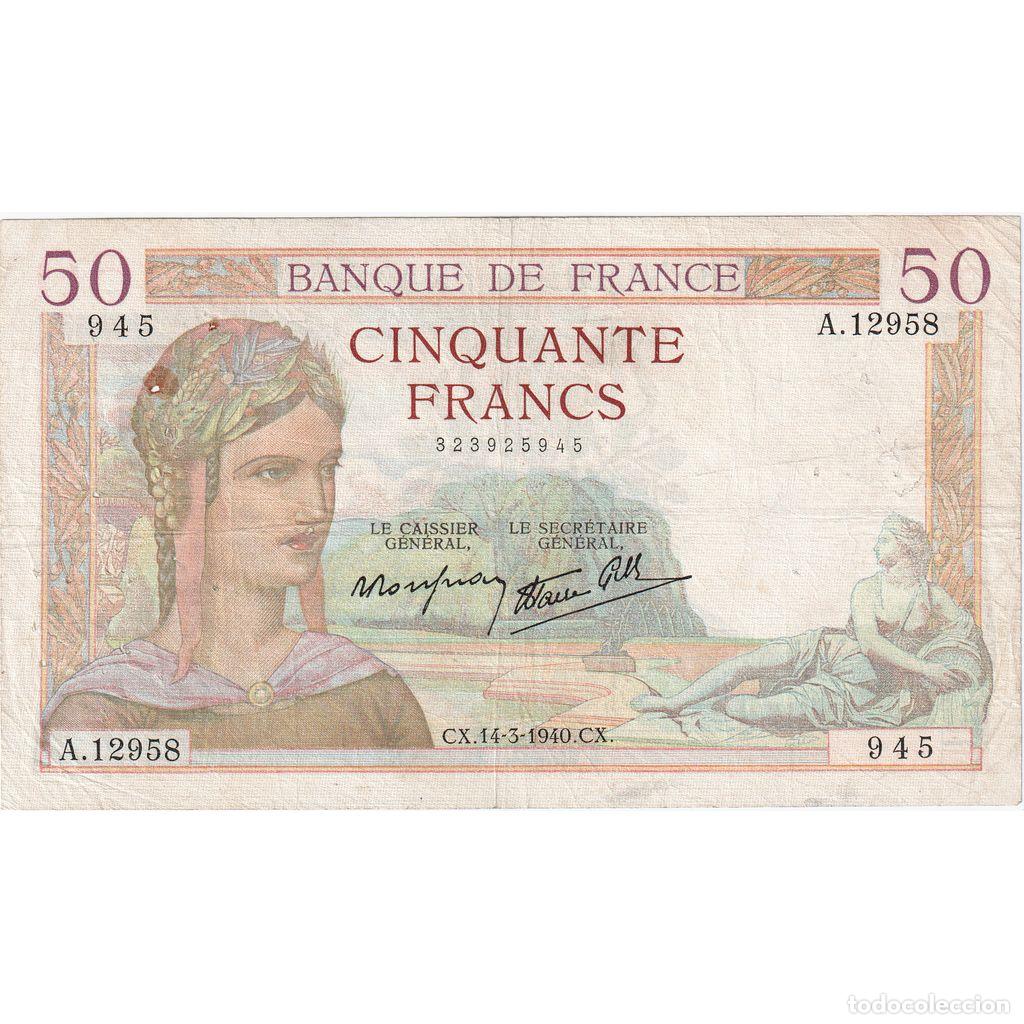 Billetes extranjeros: [#1515631] Francia, 50 Francs, C&eacute;r&egrave;s, 1940-03-14, A.12958, BC+