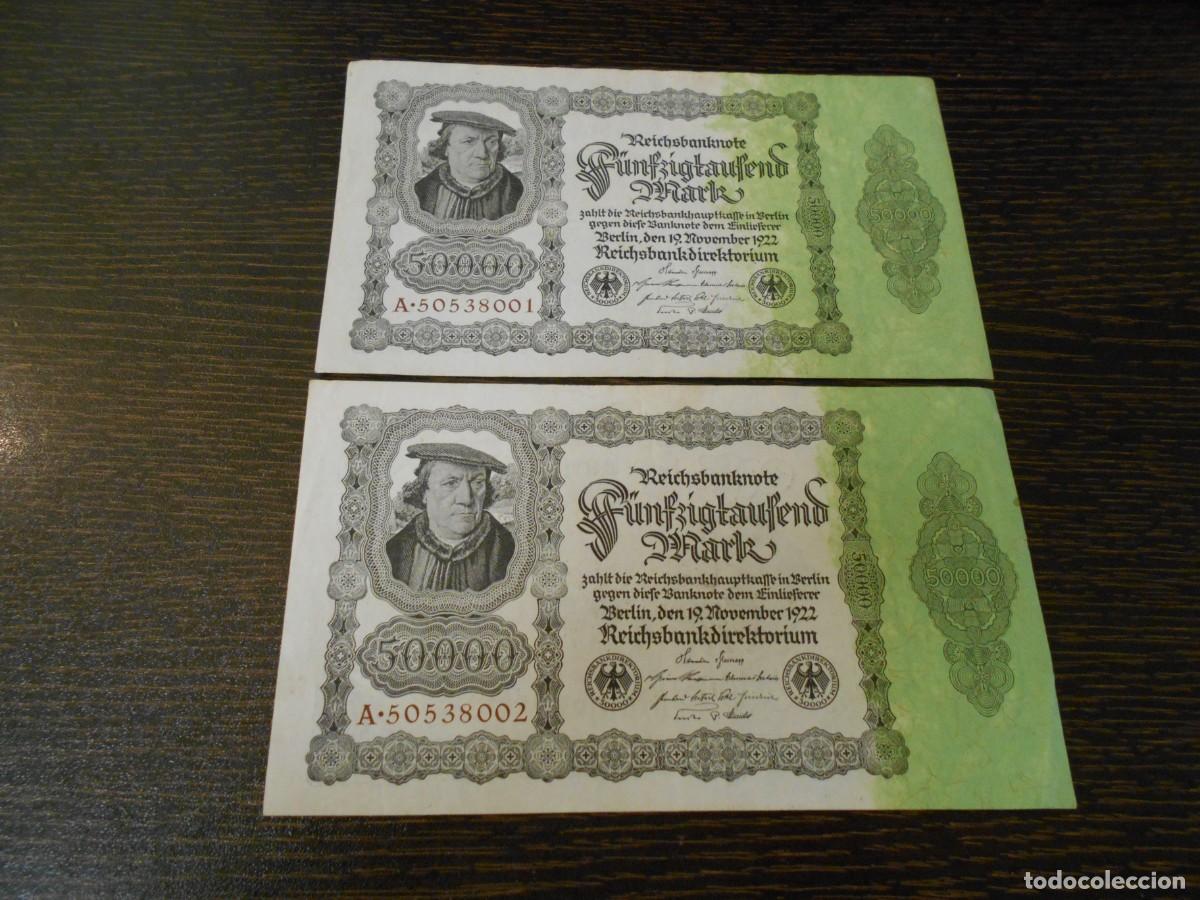Billetes extranjeros: ALEMANIA-2 BILLETES CORRELATIVOS-PICK 79-50.000 MARCOS-1922-MBC