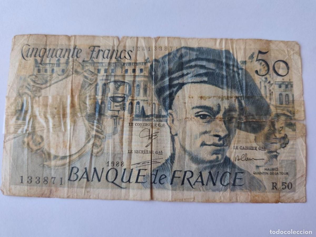 Billetes extranjeros: Billete original de 50 Francos de Francia, emitido en 1988, con la imagen de Maurice Quentin de La T