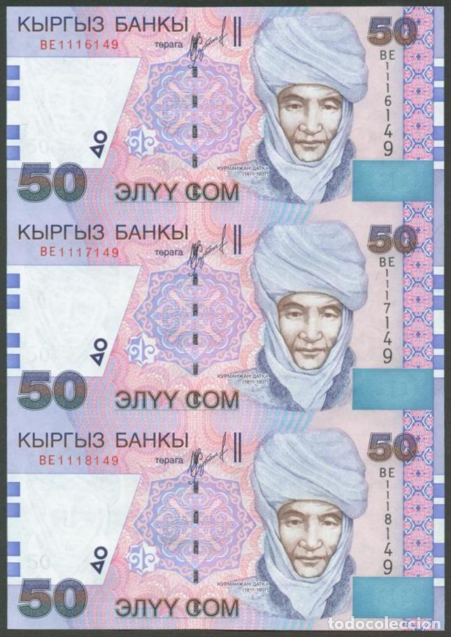 Billetes extranjeros: KIRGUIZSTAN. 3 x 50 som 2002. S/C. Pick 20. Hoja sin cortar de 3 billetes