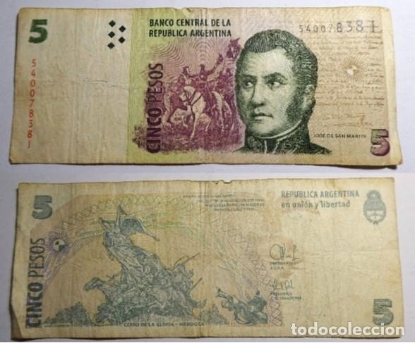 Billetes extranjeros: Billete de ARGENTINA 5 PESOS, GENERAL JOSE DE SAN MARTIN, circulado