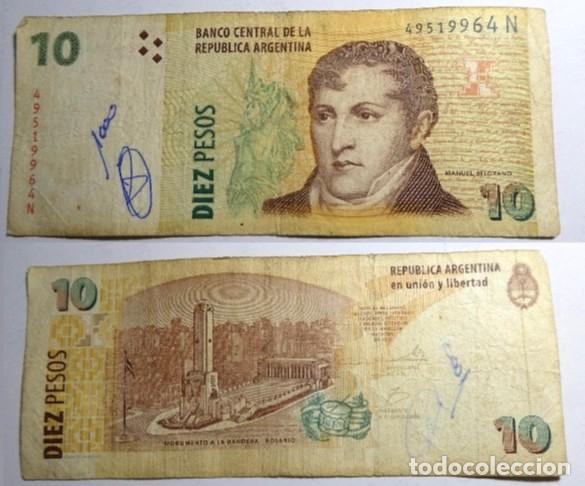 Billetes extranjeros: Billete de ARGENTINA 10 PESOS, circulado