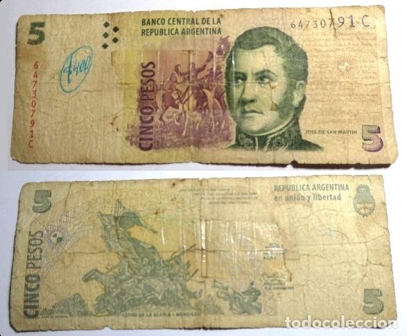 Billetes extranjeros: Billete de ARGENTINA 5 PESOS, GENERAL JOSE DE SAN MARTIN, circulado
