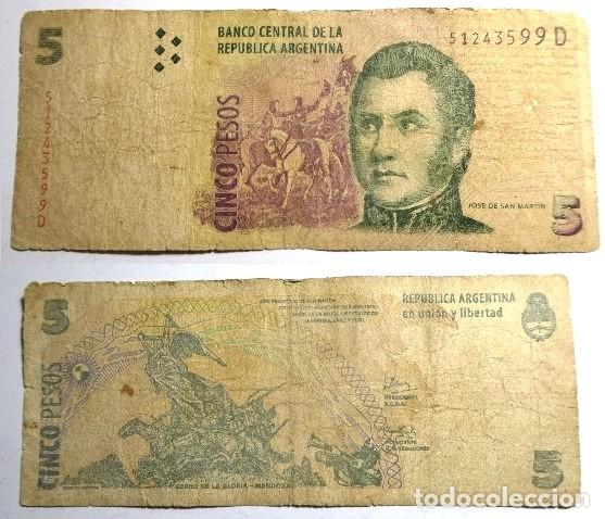Billetes extranjeros: Billete de ARGENTINA 5 PESOS, GENERAL JOSE DE SAN MARTIN, circulado