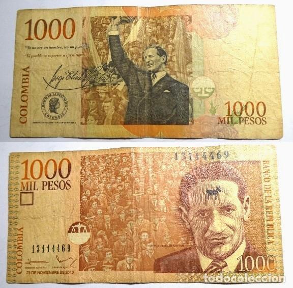 Billetes extranjeros: Billete de Colombia 1000 pesos 2010,con una marca o sello en la frente circulado