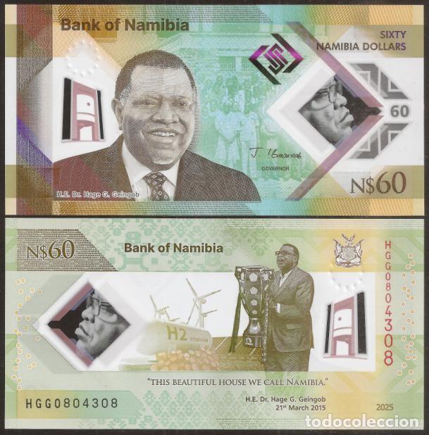 Billets internationaux: NAMIBIA. Conmemorativo 60 $ 2025. S/C. Polimero. Prefijo HGG - iniciales del Hage Gottfried Geingob.