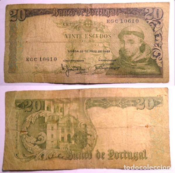 Billetes extranjeros: Billete de Portugal veinte escudos 1964 , circulado