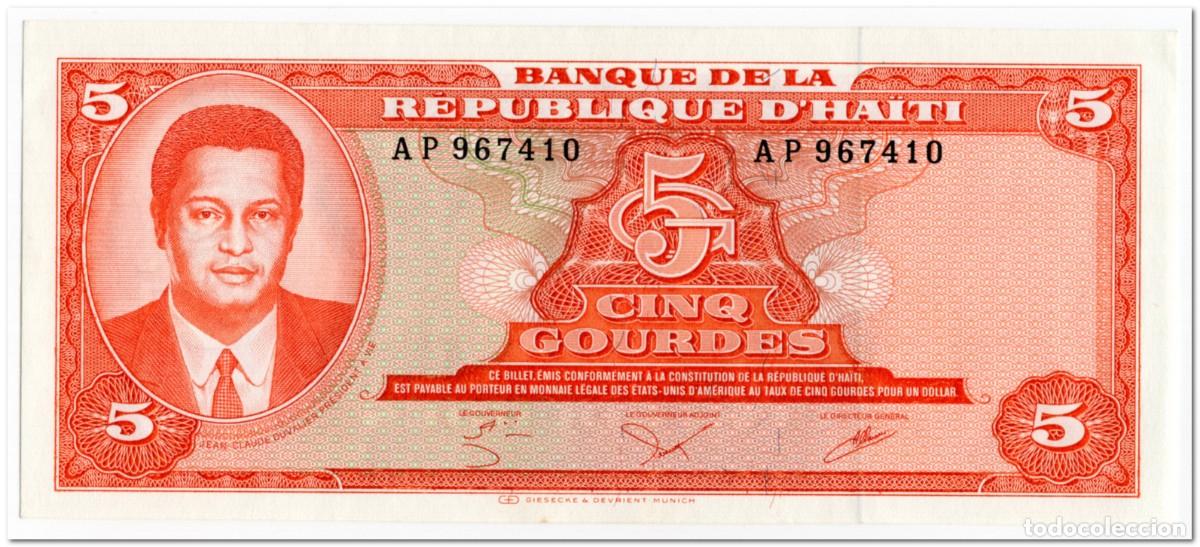 Billetes extranjeros: HAITI,5 GOURDES,L.1979 (1985) P.241,UNC