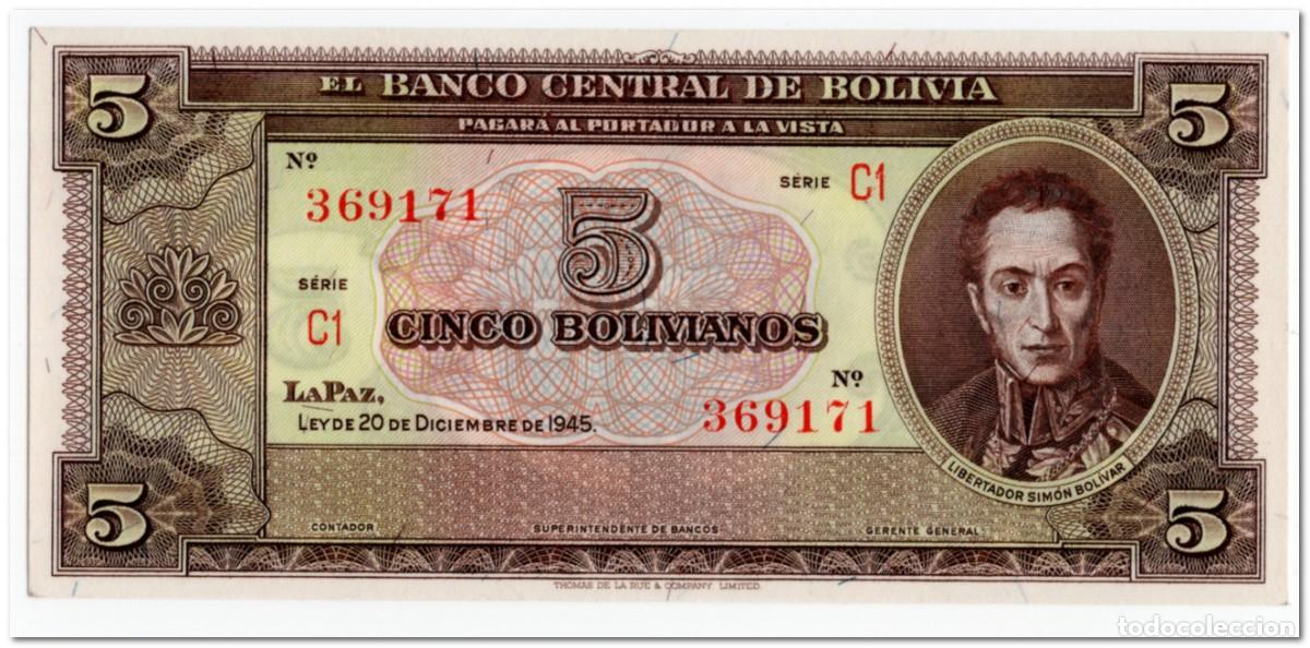 Billetes extranjeros: BOLIVIA,5 BOLIVIANOS,L.1945,P.138a,AU-UNC