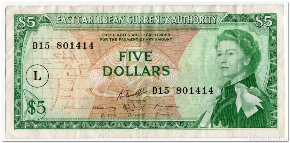 Billetes extranjeros: EAST CARIBBEAN STATES,5 DOLLARS,1965,P.14m,F-VF