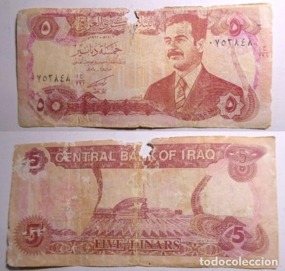 Billetes extranjeros: Billete de Irak 5 Dinars Saddam Hussein, circulado