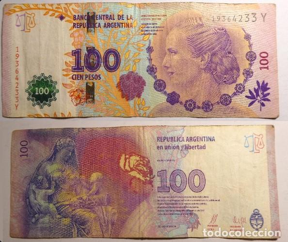 Billetes extranjeros: Billete de ARGENTINA. 100 pesos. Eva Per&oacute;n, circulado