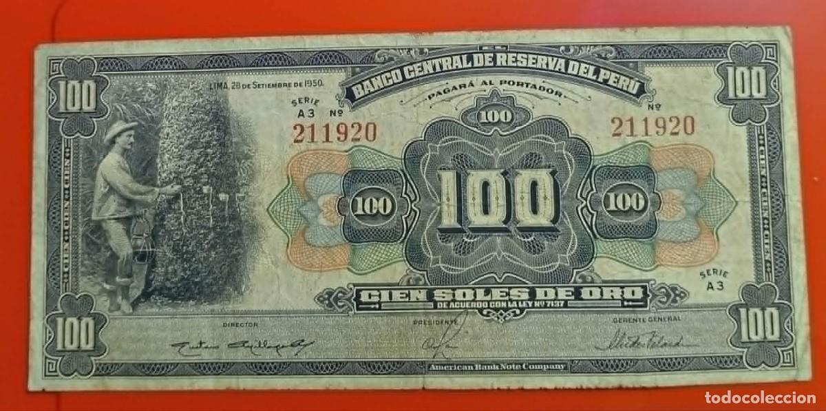 Billetes extranjeros: Billete Peru 1950. Banco Central de Reserva. 100 Soles de Oro.