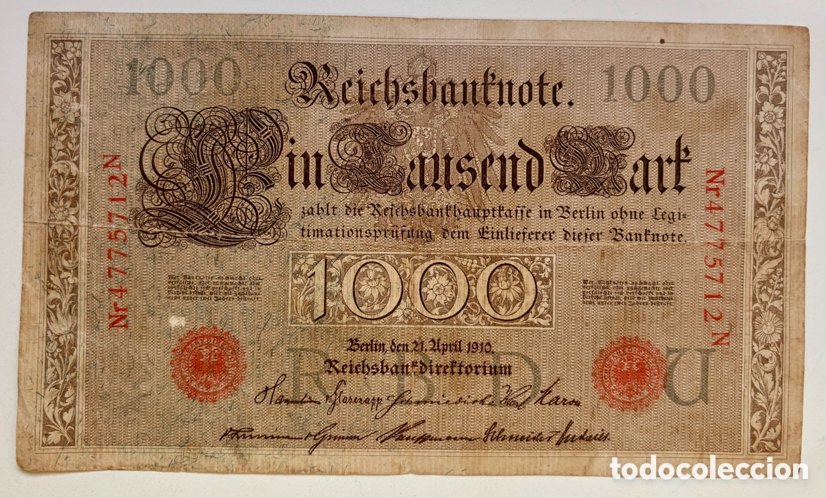 Billetes extranjeros: Billete ALEMANIA 1000 Marcos 1910. Sello y Numeracion Roja