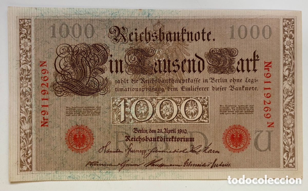 Billetes extranjeros: Billete ALEMANIA 1000 Marcos 1910 SC. Sello y Numeracion Roja