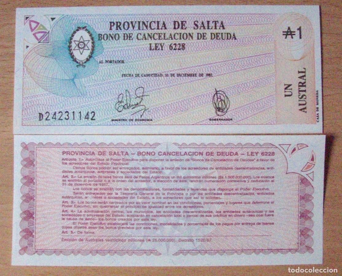 Billetes extranjeros: ARGENTINA - SALTA - 1 BONO DE 1 AUSTRAL - S / C - BONOS DE CANCELACI&Oacute;N DE DEUDAS