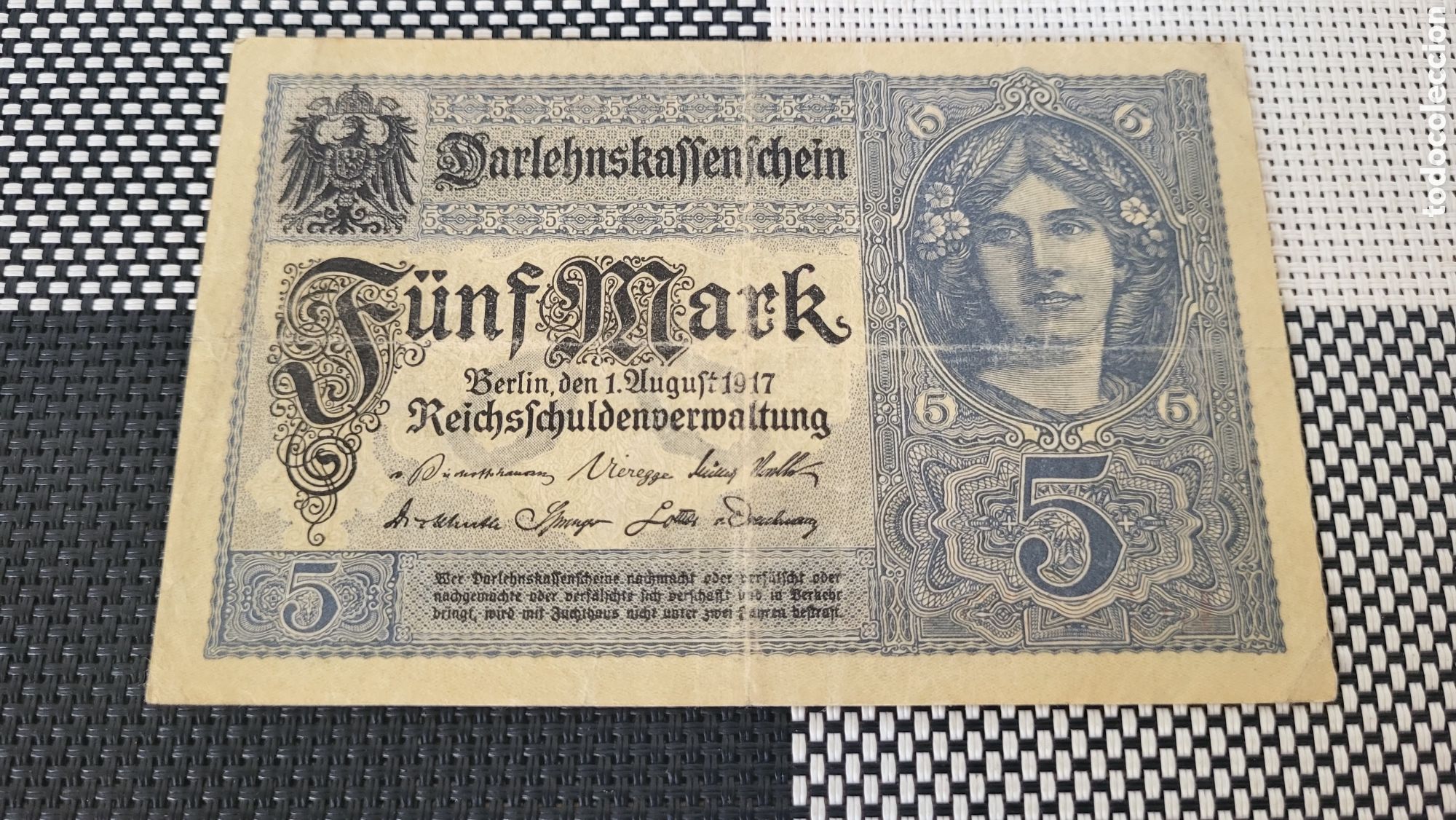 Billetes extranjeros: Antiguo bilete 5 mark 1917 lmperio Aleman