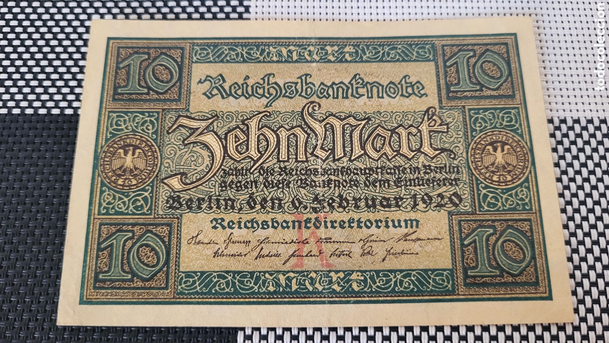 Billetes extranjeros: Antiguo bilete 10 mark 1920 lmperio Aleman