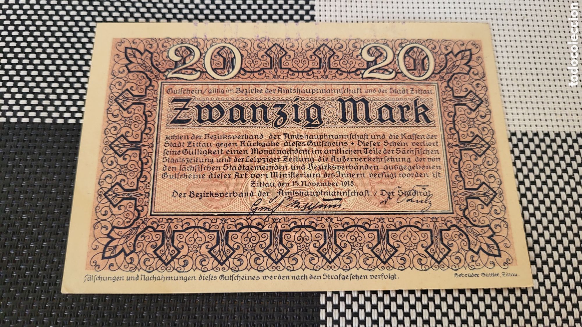 Billetes extranjeros: Antiguo bilete 20 mark 1918 lmperio Aleman