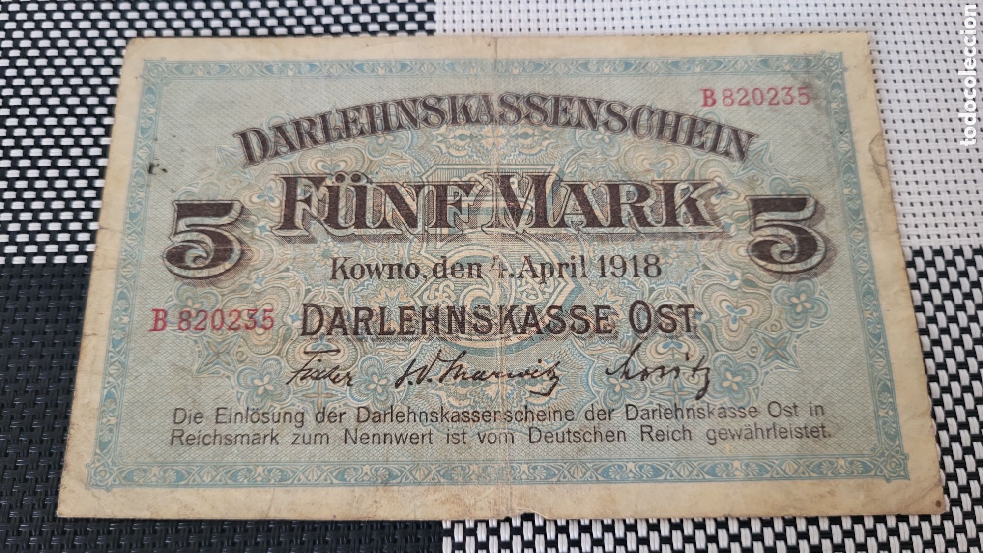 Billetes extranjeros: Antiguo bilete 5 mark 1918 lmperio Aleman