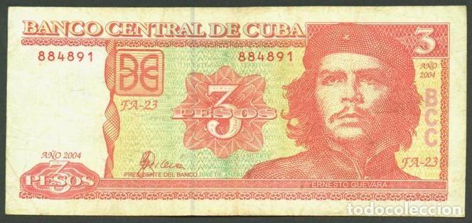 Billetes extranjeros: CUBA. 3 pesos 2004. Primera fecha del modelo.