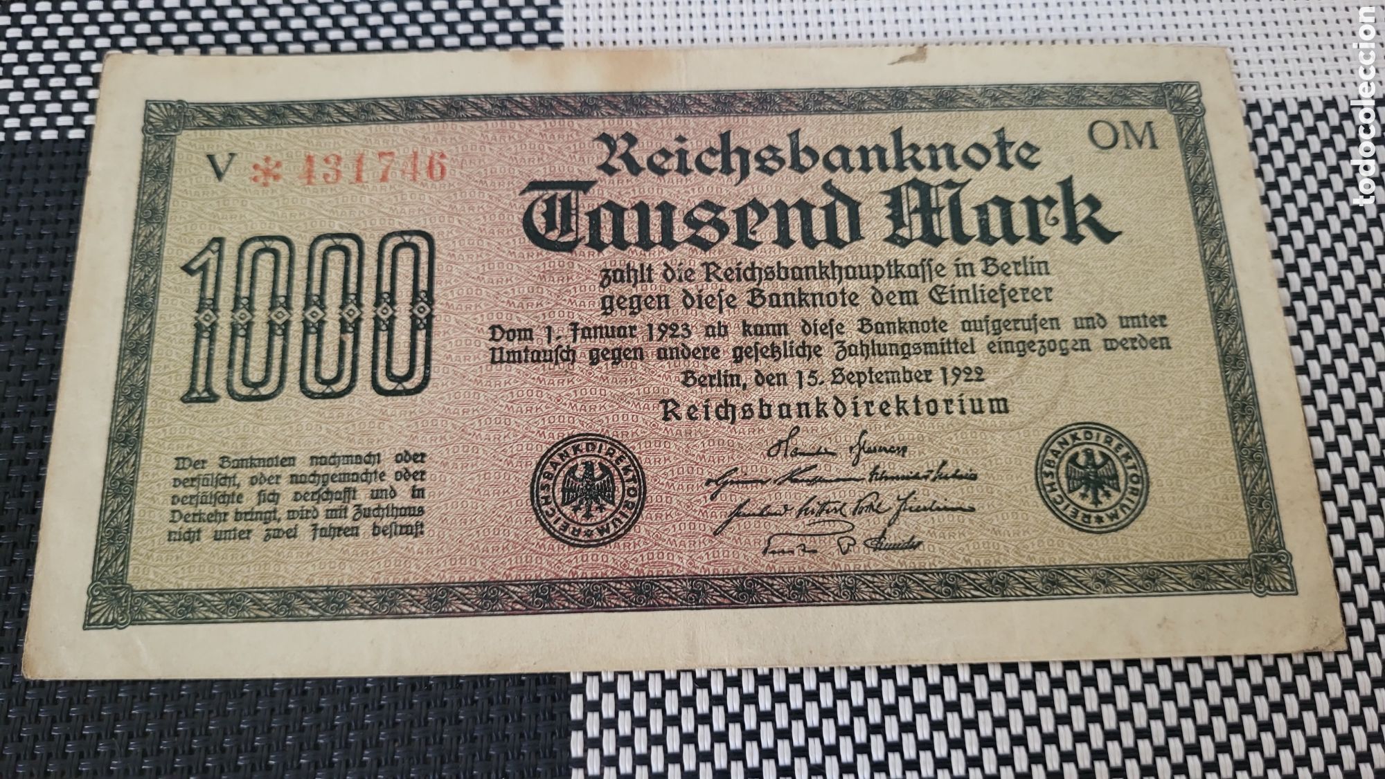 Banconote internazionali: Antiguo bilete lmperio Aleman 1923