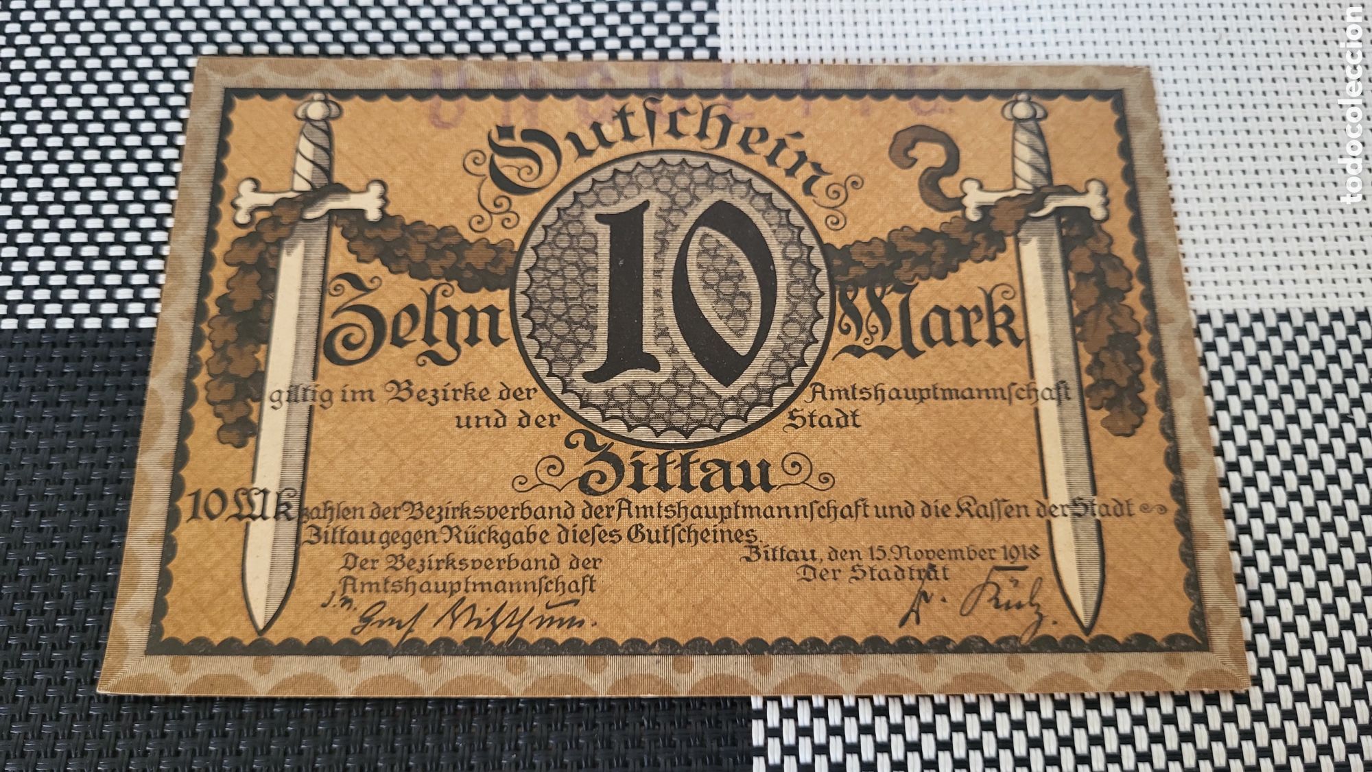 Billetes extranjeros: Antiguo bilete 10 mark lmperio Aleman 1918