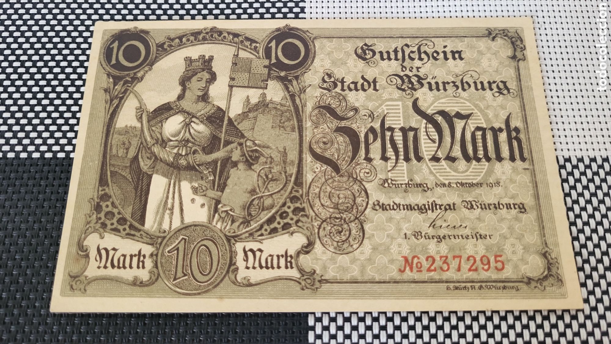 Billetes extranjeros: Antiguo bilete 10 mark lmperio Aleman 1919
