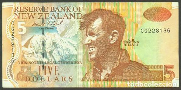 Billetes extranjeros: NUEVA ZELANDA (NEW ZEALAND). 5 $ (1992-97). Pick 177. S/C. E.Hilary, Everest, ping&uuml;ino.