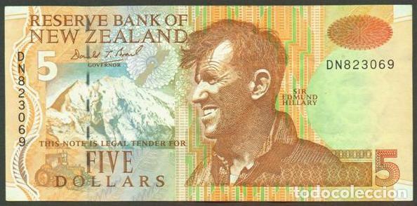 Billetes extranjeros: NUEVA ZELANDA (NEW ZEALAND). 5 $ (1992-97). Pick 177. S/C. E.Hilary, Everest, ping&uuml;ino.