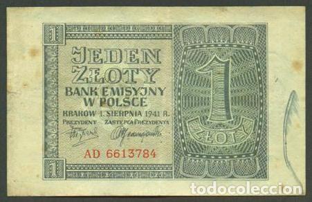 Billetes extranjeros: POLONIA. Ocupacion alemana II G.M. 1 zloty 1.8. 1941.