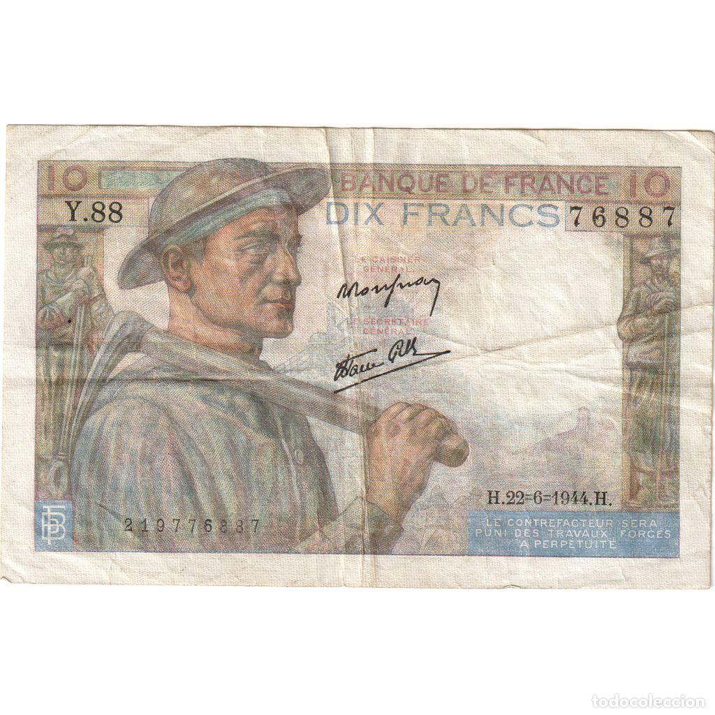Billetes extranjeros: [#1515691] Francia, 10 Francs, Mineur, 1944-06-22, Y.88, MBC