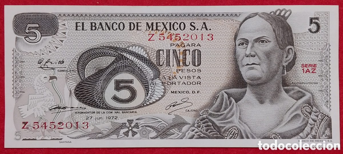 International Banknotes: Billete M&eacute;xico 5 pesos Pick #62c 1972 s/c