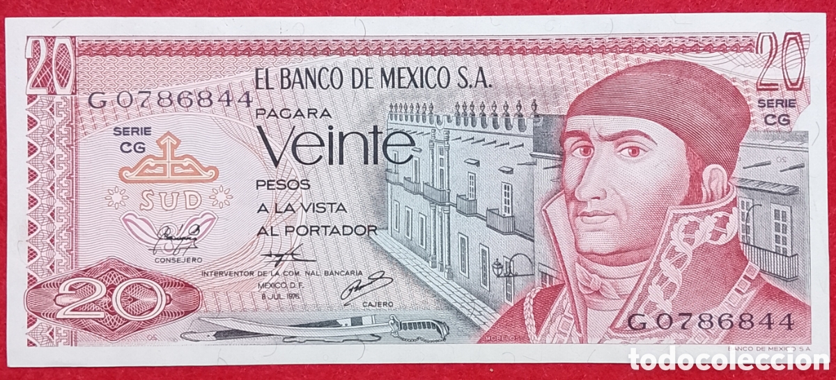 Notas Internacionais: Billete M&eacute;xico 20 pesos Pick 64d 1976 s/c