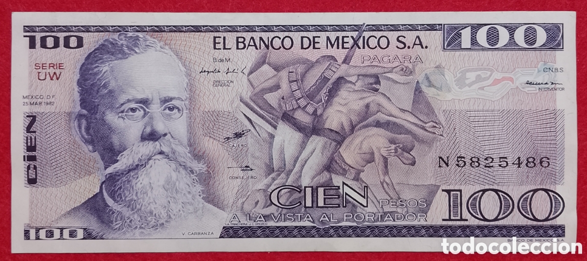 Notas Internacionais: Billete M&eacute;xico 100 pesos Pick #74c 1982 s/c