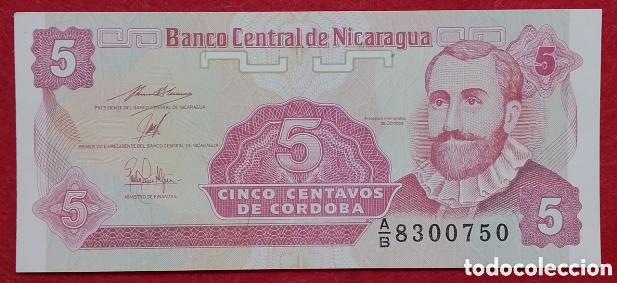 Notas Internacionais: Billete Nicaragua 5 c&eacute;ntavos de C&oacute;rdoba Pick #168a 1991 s/c