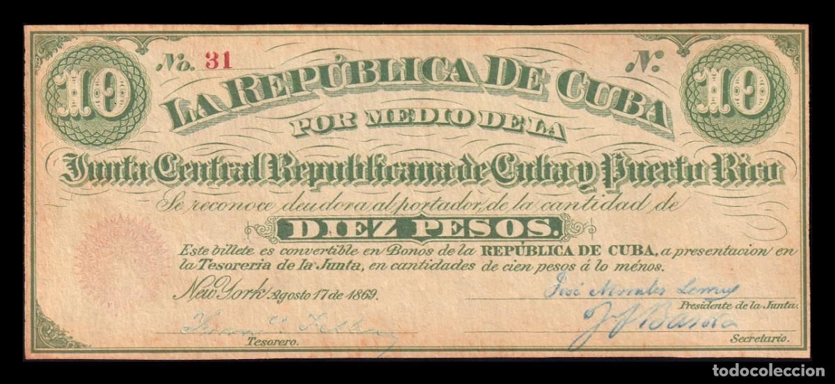 Billetes extranjeros: Cuba 10 Pesos Junta Central Republicana de Cuba y Puerto Rico 1869 Pick 63 Serie N Ebc Xf