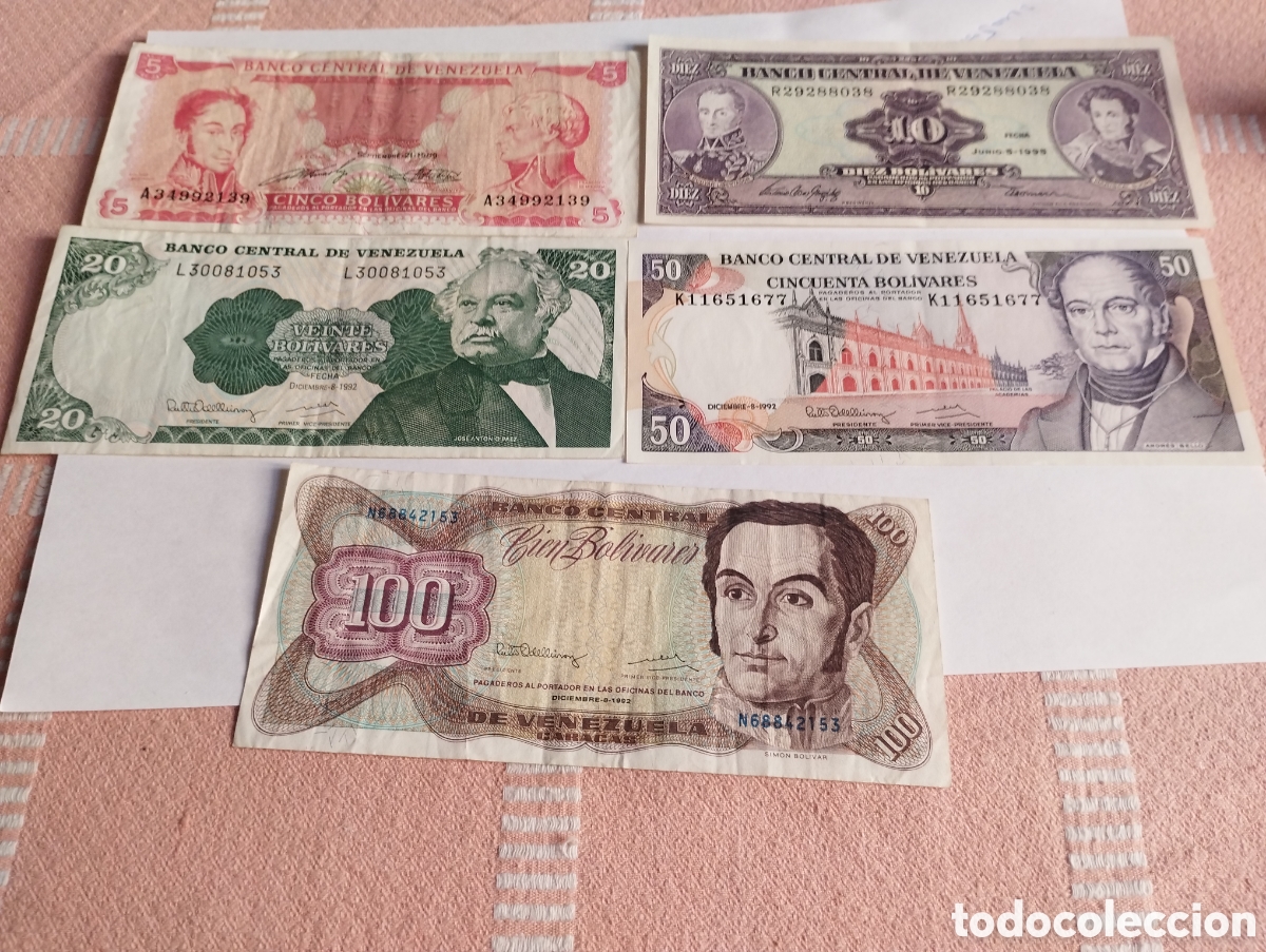 International Banknotes: Lote de 5 billetes de Venezuela 5,10,20,50,100,Bolivares